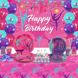 Gymnastics Birthday Party Decorations, Gymnastics Happy Birthday Backdrop, Tableware, Tablecloth, Balloons, Gymnastics Birthday Party Supplies for Your Little Dance Gymnasts, Baby Shower, Serves 20