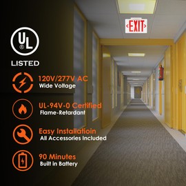 Gruenlich LED EXIT Sign, Emergency Light with Double Face and Back Up Batteries- US Standard Red Letter EXIT, UL 924 Qualified, 120/277 Voltage, 4-Pack