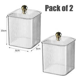 Veki Clear Cotton Pad Container Holder with Lid, Cotton Bud Holder for Dressing Table, Bathroom, Bedroom, Makeup Organiser Storage for Cotton Swab, Floss, Cosmetic (Transparent, 2 Pieces)