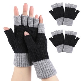 Kiiwah 2 Pairs of Winter Gloves Men and Women with Fleece Lining, Colour Matching, Half Finger Gloves, Knitted Fingerless Gloves for Work, Sports, Winter Outdoor Activities, black