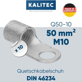 Pack of 10 Kalitec Q50-10 Crimping Cable Lug 50 mm² M10 I Uninsulated I Mandrel Pressing I For Multi-, Fine- and Fine-Strand Conductors I Cable Lug 50 mm² According to DIN 46234