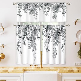 oolygoo Grey Eucalyptus Botanical Leaves Small Short Kitchen Curtains Farmhouse Flower Window Curtains Valance and Tier Set 3 Piece 36 Inch Tier Treatment Curtain Boho Cafe Curtains for Bathroom