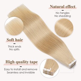 Tess Blonde Tape Extensions Real Hair 45 cm, Tape-In Extensions #24 Medium Blonde Hair Extensions Real Hair Remy Human Hair Straight, 10 Pieces, 18–25 g
