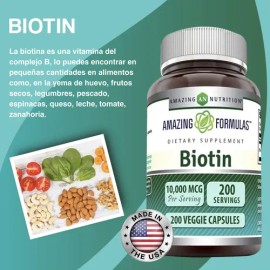 AMAZING FORMULAS Biotin 10,000 mcg 200 Cápsulas Vegetales  Suplemento Alimenticio con Biotina  Gluten Free, Soy Free y Non-GMO                        
