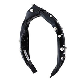 Pleather Knot Headband Wide Turban Headband With White Pearls for Women and Girls - Black