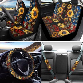 STUOARTE Sunflower American Flag Printed Car Interior Covers Set, Universal Front Rear Seat Cover with Steering Wheel Cover Armrest Cover Seat Belt Cover Gear Shift Knob Cover Handbrake Cover, 16 Pcs