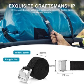 Romon Lashing Straps 5 m, Pack of 4 Lashing Straps Short 25 mm Wide, Lashing Straps with Clamping Lock, Mounting Straps Maximum Load 250 kg, Lashing Strap for Bicycle, Motorcycle, Sack Truck, Truck
