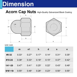 80Pcs 4 Size #8-32#10-24 1/4"-20 5/16"-18 Acorn Cap Nuts Assortment Kit, Zinc Plating-Black Hex Head Acorn Cap Nuts, Stainless Steel 18-8 (304) Hexagon Dome for Indoor Outdoor