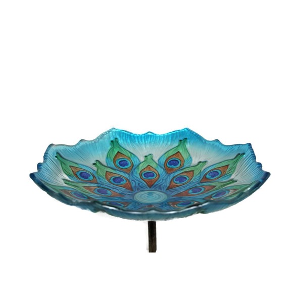 Evergreen Garden 11" Glass Bird Bath Bowl and Stand for Outdoors | Hand Painted Glass | Embossed Shape | Blue and Green Peacock Feather | 26 Inches Tall