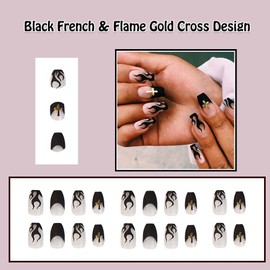 ANDGING Black Press on Nails Short Medium Coffin Fake Nails for Women with Flame Gold Cross Design French Tip Fake Nails Acrylic False Nails Square stick on nail for Wedding Birthday 24Pcs
