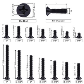 #10-24 x 2 Flat Head Machine Screws Black, Phillips Drive, 304 Stainless Steel 18-8, Black Coated Finish, Corrosion Resistant Countersunk Head Machine Screws, Full Thread, Coarse Thread, 50 PCS