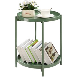 TeoKJ 2 Tier Green Side Table, Folding Round Metal End Table Small Nightstand with Two Removable Tray for Bedroom Living Room Bedside Small Spaces Dark Green