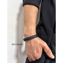 BIYONGDE Mens Black Leather Bracelet Interwoven with Stainless Steel Vibrant Blue Cable, Braided Bangle Bracelet for Men, Minimalist and Urban Style (Black Blue)