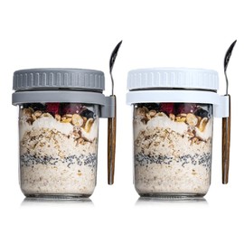 Overnight Oat Container with Lid and Spoon Set, 10 oz Large Airtight Oatmeal Container with Measure Marks Cereal, Milk, Vegetable and Fruit Salad Storage Containers (white and grey)