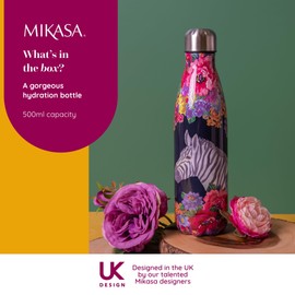 Mikasa Wild at Heart Water Bottle, 500 ml, Reusable Insulated Stainless Steel Bottle with Screw Cap for Travel, School or Gym, Zebra Print