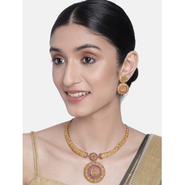 Aheli South Indian Traditional CZ Designer Necklace Earrings Bollywood Ethnic Wedding Jewelry Set Gift for Women Red Green Goddess Laxmi Stud Pendant