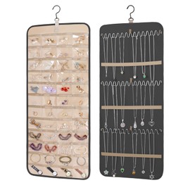 KWQBHW Double Sided Hanging Jewellery Organiser, Wall Earring Holder with 48 Pockets and 39 Hooks, Cupboard Necklace Holder for Earring, Bracelet, Ring Chain, 83 cm (Black L)