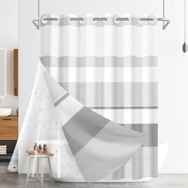 Nesphy No Hook Boho Grey Shower Curtain with Snap-in PEVA Liner Set, Striped Hotel Style with See Through Top Window Double Layers Waterproof Bath Curtain 71x74 Inch