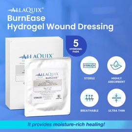 BurnEase™ Hydrogel Burn Dressing Pads by AllaQuix – XL 4" Sterile Pads (Box of 5) | Instant Cooling Relief for Burns, Scalds, Sunburn | Moist Wound Healing Gel for First Aid & Emergency Burn Care