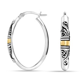 LeCalla 925 Sterling Silver Lightweight Two-Tone Antique Bali Hoop Earrings for Women