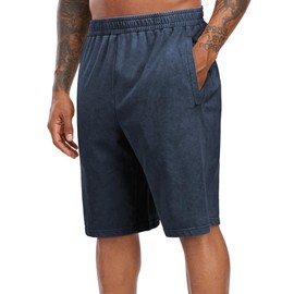 Inno Mens Casual Shorts Vintage Cotton Fabric with Wash Out Elastic Waist Summer Beach Bottoms Loose Fit, Blue, L