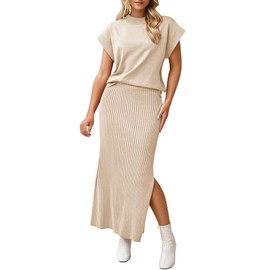 Pink Queen Women Spring Skirt Outfits Cap Sleeve Sweater Tops Ribbed Bodycon Knit Date Night Maxi Dress Set Apricot S