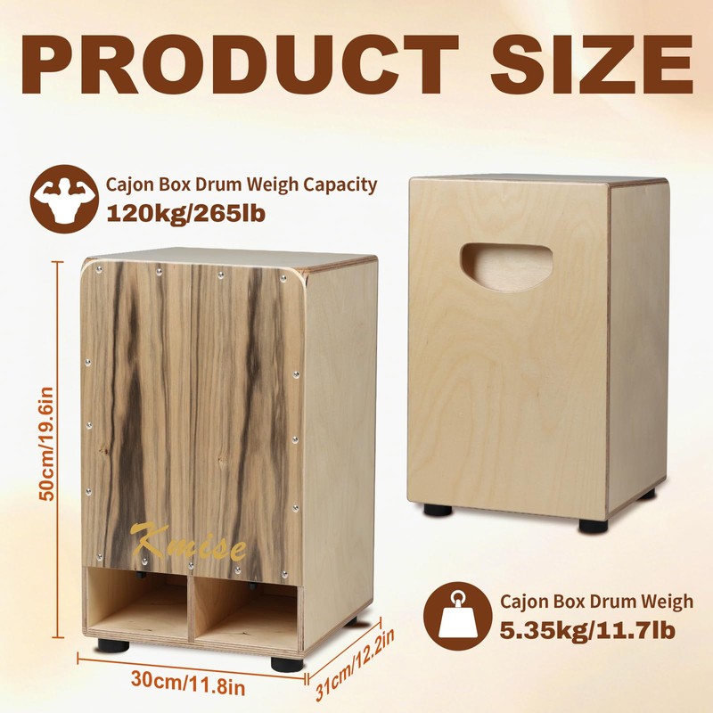 Kmise Portable Cajon Drum Box, 11.8×12.2×19.6" Adjustable Snare Cajons Drums,