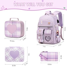 ACESAK Girls Backpack - Bento Box with Insulated Lunch Bag Pencil Case & Utensils Set for Kids, 6 Leakproof Compartments Removable Tray Lunches or Snack Container for School (Purple)