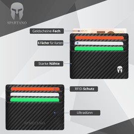 SPARTANO ARES Men's Credit Card Holder with RFID Protection, Elegant Slim Wallet, Wallet with 6 Credit Card Pockets and 1 for Banknotes, Wallet, carbon, Minimalist