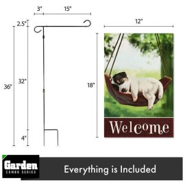 UD_G128 Combo Pack: Garden Flag Stand Black 36x16 Inch & Garden Flag Welcome Sleeping Puppy 12x18 Inch