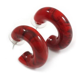 Small Acrylic Thick Half Hoop Earrings with Marble effect in Red/Black Colours - 28mm Diameter