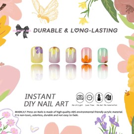 Cute Press on Nails Short Square MABKJLF Flower Fake Nails False Nails with Floral Designs Colorful Full Cover Glossy Glue on Nails Spring Summer Acrylic Nails for Women Girls 24Pcs