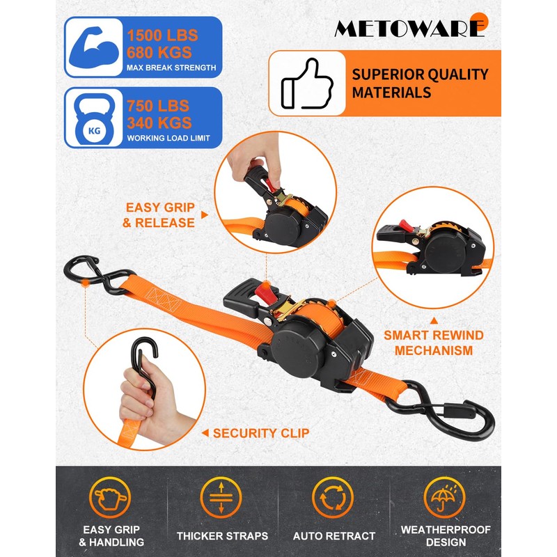 METOWARE Retractable Ratchet Straps (2-Pack) - 1 in x 10