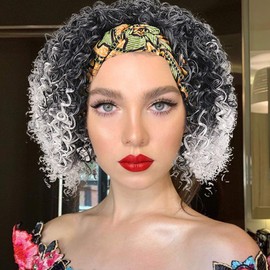 Aisaide Kinky Headband Wigs for Black Women,Short Gray Wig with Headband Attached Kinky Curly Wig Full Afro Curly Gray Wig HeadWrap Wig 2 in 1 Synthetic Short Deep Curly Wig Scarf for Black Women
