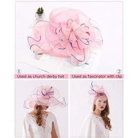 Z&X Women's Organza Sun Hat Flower Church Kentucky Derby Fascinator Wide Brim Bridal Wedding Tea Party Hat Pink