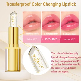 Xiuxixu 2Pcs Transferproof Color Changing Lipstick,Crystal Jelly Lipstick Temperature Color Change lip Gloss,Gold Foil PH Lipsticks Color Changing for Women, Long Lasting Moisturizing Tinted Lip Balm