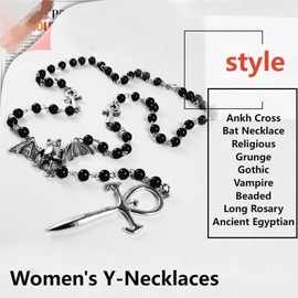 Ankh Cross Bat Necklace Religious Grunge Gothic Vampire Black Long Rosary Beaded Ancient Egyptian Necklace for Women