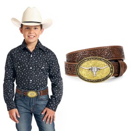 JKEEMI Kids Western Belt for Boys Girls, Embossed Genuine Leather Cowboy Cowgirl Belt for Jeans Pant Dresses Gift