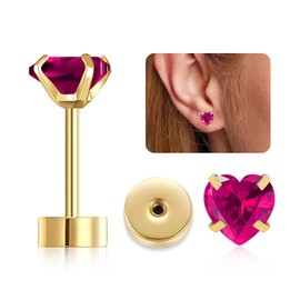 Heart Flat Back Stud Earrings for Women Girls, 5mm Birthstone Stud Earrings Hypoallergenic Stainless Steel Cartilage Earrings Brilliant Handmade Screw Back Earrings (July-Ruby, Glod)