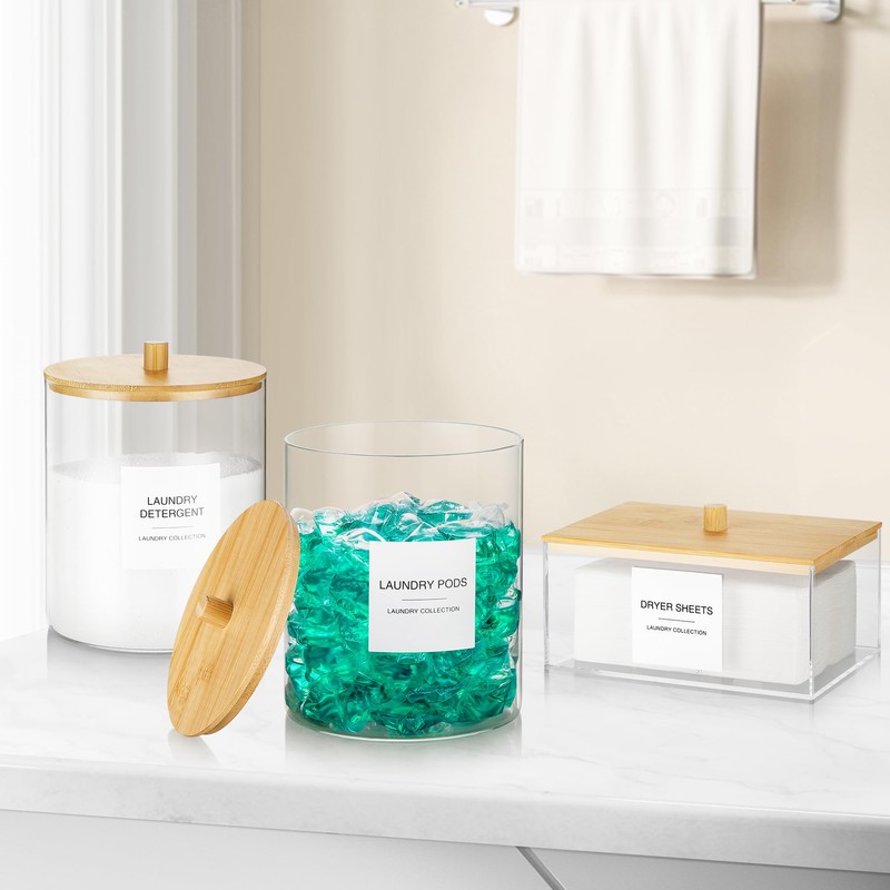 Glass Jars and Acrylic Dryer Sheet Holder, Laundry Pods Container
