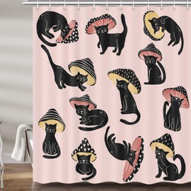 MERCHR Cute Funny Cat Mushroom Shower Curtain for Bathroom, Aesthetic Unique Fun Hilarious Pink Art Fabric Shower Curtains Set, 70s 80s Kids Restroom Decor Accessories with Hooks 72X72 Inch