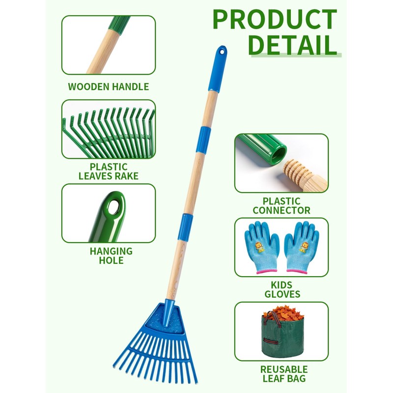 2 Pack Kids Adjustable Leaf Rake(25" to34) with 2 Pairs