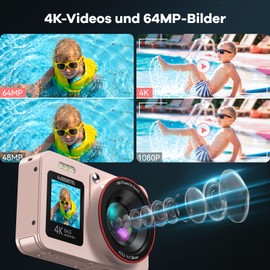 DEATTI 4K Digital Camera, FHD 64MP Photo Camera with Two Screens, 18X Autofocus Camera, Digital Camera for Teenagers, Compact Camera with 64G SD Card for Children, Adults, Older Beginners, Pink