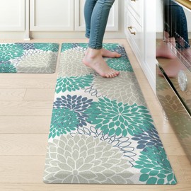 KIMODE Comfort Kitchen Mats for Floor Cushioned Anti Fatigue,Boho Floral Kitchen Rugs Sets of 2 Non Slip,Ergonomic Memory Foam Kitchen Mat for Laundry Sink Office Home,Blue/Green/White