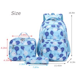 ZHIERNA Daisy Printed Backpacks for Girls with Lunch Bag Pencil Case 3pcs Set, Lightweight Elementary Bookbags for Teen Girls（Blue）