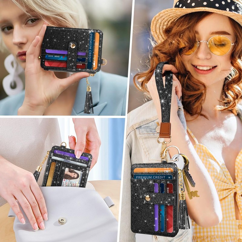 Simikol Slim Zipper Credit Card Holder with Keychain Wristlet Small