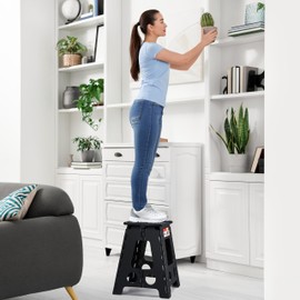 ACSTEP Folding Step Stool 16 Inch Heavy Duty Step Stool Foldable for Adults and Kids, Collapsible Stepping Stool with Handle, Non Slip Folding Stools for Kitchen Hold Up to 400lbs (Black 1PC)