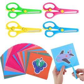 4 Pcs Kids Scissors, Childrens Safety Stainless Steel Scissors Safety Edge Plus Elasticity Design Right/Left Handed Scissors(with 96 Animal Paper-Cuts)