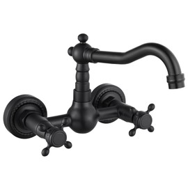 gotonovo Wall Mount 6 Inch Center Kitchen & Bathroom Faucet Double Cross Knobs Handle Vintage Mixer Tap 5.5 Inch Spout Reach Utility Faucet, Matte Black
