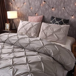 Feelyou King Duvet Cover Set Pinch Pleated, Soft Polyester Pintuck Tufted Style Bedding Sets Solid Grey Geometric Quilt Cover with 2 Pillow Shams, Luxurious Comforter Cover Set,3-Pieces